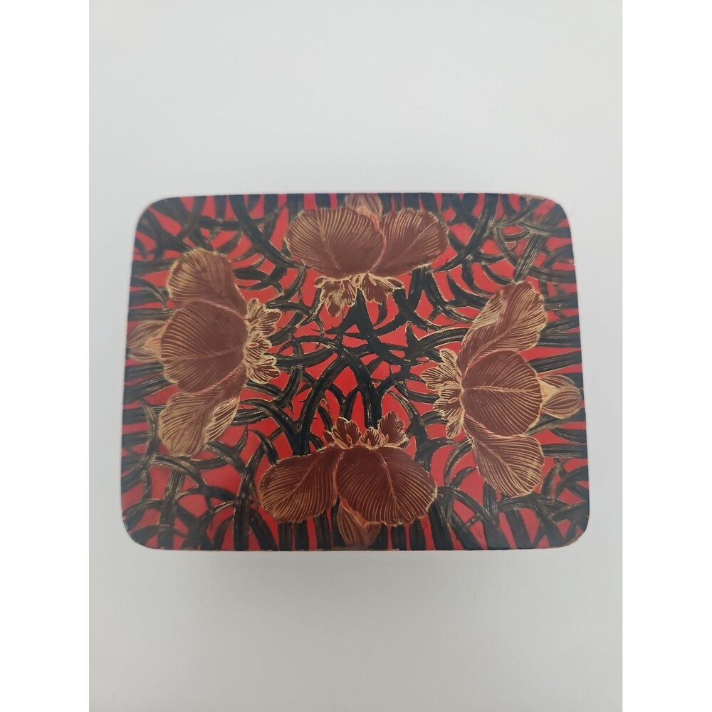 Vintage Vietnamese Red Lacquer Trinket Box • Hand Painted Floral Design